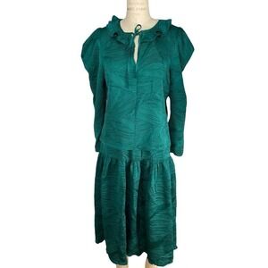 Current Air Teal Leaf Print Ruffle Neck Tie Front Midi Dress Women's Size L